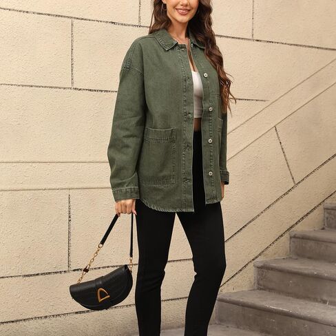 Women's Denim Jacket Oversize Long Sleeve Button Down Shirt Boyfriend Jeans Shacket Jacket Coat with Pocket in Saudi Arabia