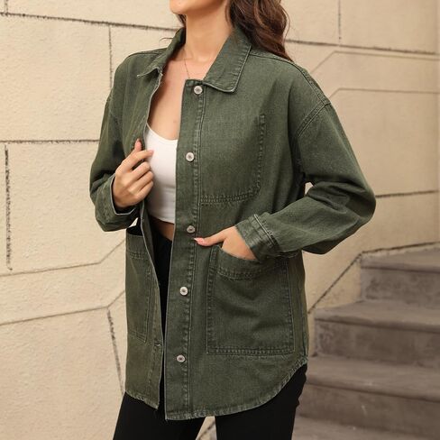 Women's Denim Jacket Oversize Long Sleeve Button Down Shirt Boyfriend Jeans Shacket Jacket Coat with Pocket in Saudi Arabia
