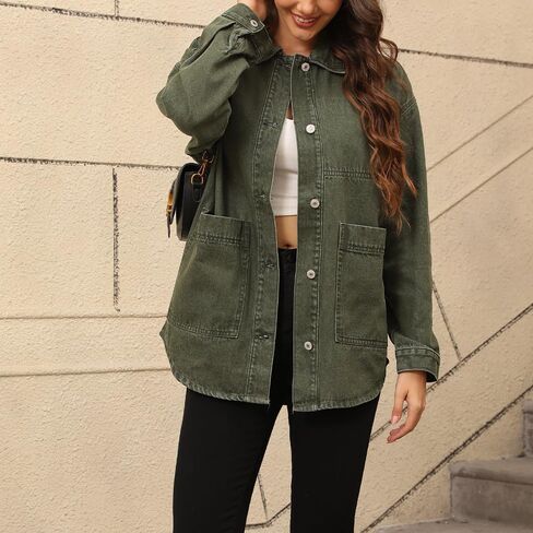 Women's Denim Jacket Oversize Long Sleeve Button Down Shirt Boyfriend Jeans Shacket Jacket Coat with Pocket in Saudi Arabia