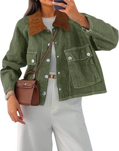 Cicy Bell Womens Cropped Denim Jackets Patchwork Corduroy Collar Barn Jean Jackets Snap Button Coat with Pockets in Saudi Arabia