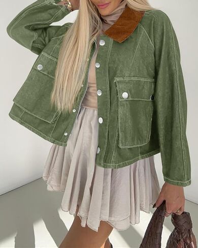 Cicy Bell Womens Cropped Denim Jackets Patchwork Corduroy Collar Barn Jean Jackets Snap Button Coat with Pockets in Saudi Arabia