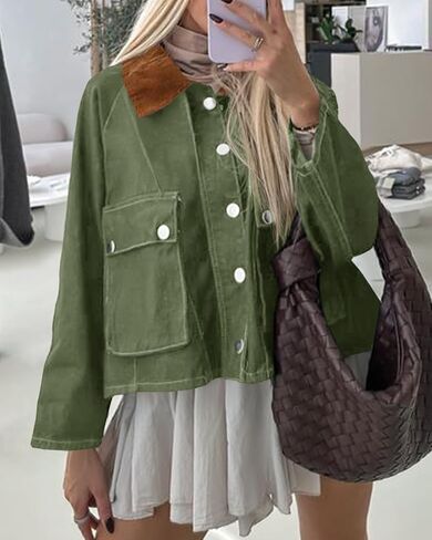 Cicy Bell Womens Cropped Denim Jackets Patchwork Corduroy Collar Barn Jean Jackets Snap Button Coat with Pockets in Saudi Arabia