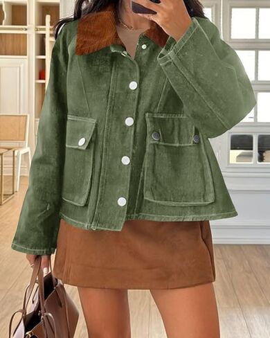 Cicy Bell Womens Cropped Denim Jackets Patchwork Corduroy Collar Barn Jean Jackets Snap Button Coat with Pockets in Saudi Arabia