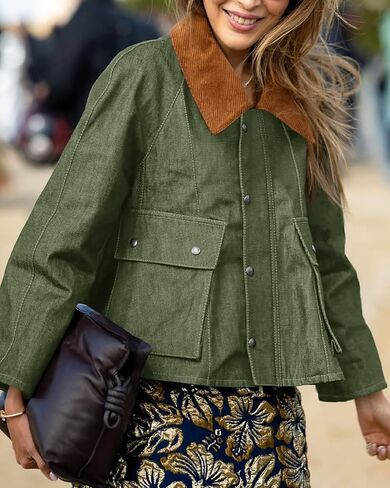 Cicy Bell Womens Cropped Denim Jackets Patchwork Corduroy Collar Barn Jean Jackets Snap Button Coat with Pockets in Saudi Arabia