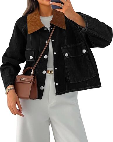 Cicy Bell Womens Cropped Denim Jackets Patchwork Corduroy Collar Barn Jean Jackets Snap Button Coat with Pockets in Saudi Arabia