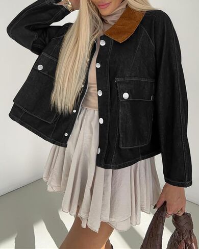 Cicy Bell Womens Cropped Denim Jackets Patchwork Corduroy Collar Barn Jean Jackets Snap Button Coat with Pockets in Saudi Arabia
