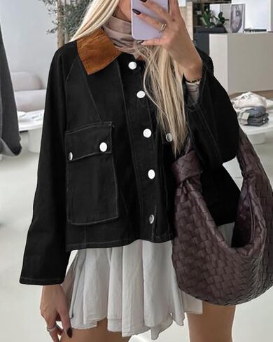 Cicy Bell Womens Cropped Denim Jackets Patchwork Corduroy Collar Barn Jean Jackets Snap Button Coat with Pockets in Saudi Arabia
