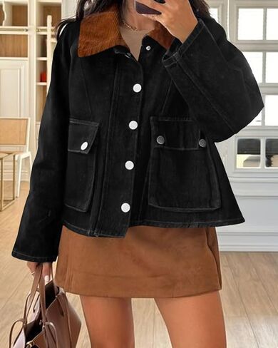 Cicy Bell Womens Cropped Denim Jackets Patchwork Corduroy Collar Barn Jean Jackets Snap Button Coat with Pockets in Saudi Arabia