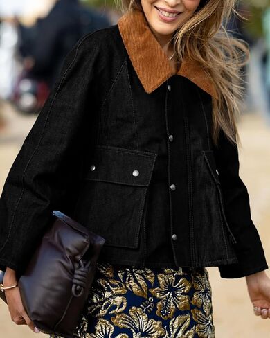 Cicy Bell Womens Cropped Denim Jackets Patchwork Corduroy Collar Barn Jean Jackets Snap Button Coat with Pockets in Saudi Arabia