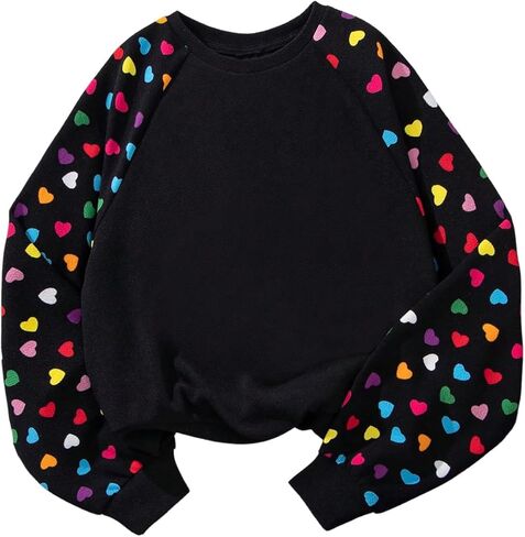 Oyoangle Girl's Heart Printshirts Raglan Long Sleeve Cute Crew Neck Pullover Top in Saudi Arabia