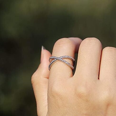 Mnyixsi 18K White Gold Plated Rhodium Cubic Zirconia Band Cross X Ring Criss Cross Rings CZ Eternity Engagement Wedding Band for Women Cross-Finger Birthstone Ring Size 8 in Saudi Arabia