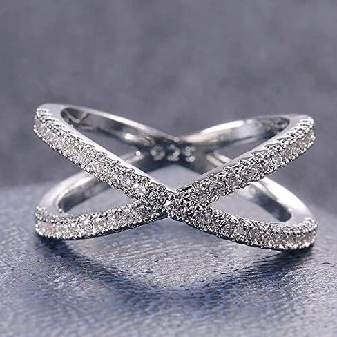 Mnyixsi 18K White Gold Plated Rhodium Cubic Zirconia Band Cross X Ring Criss Cross Rings CZ Eternity Engagement Wedding Band for Women Cross-Finger Birthstone Ring Size 8 in Saudi Arabia