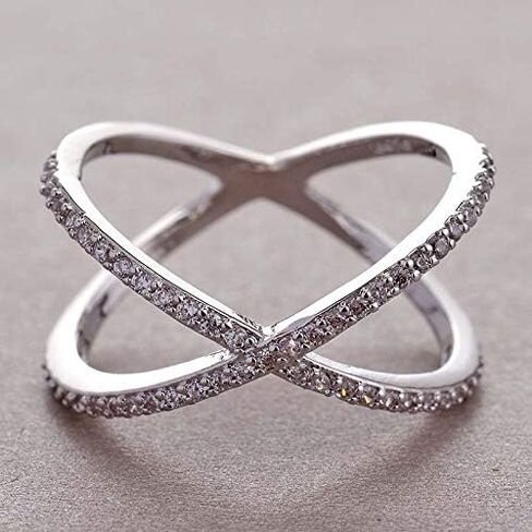 Mnyixsi 18K White Gold Plated Rhodium Cubic Zirconia Band Cross X Ring Criss Cross Rings CZ Eternity Engagement Wedding Band for Women Cross-Finger Birthstone Ring Size 8 in Saudi Arabia