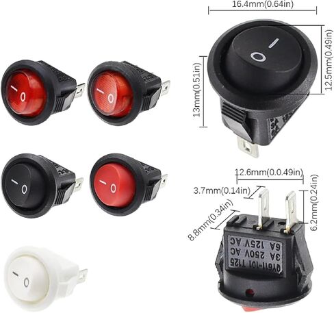 Round Rocker Switch ، 15 مم ، ON/OFF ، 2 دبوس ، 3A/250V AC DC ، 10 حزمة ، أسود وأحمر (2PIN ON-OFF) in Saudi Arabia
