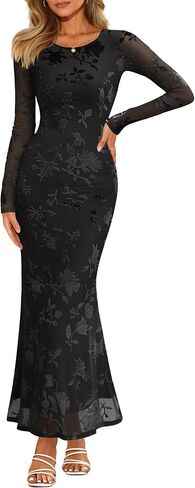 MEROKEETY Women's 2026 Spring Wedding Guest Maxi Dress Long Sleeve Bodycon Floral Mesh Fall Cocktail Formal Party Dresses in Saudi Arabia