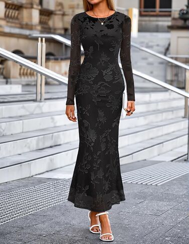 MEROKEETY Women's 2026 Spring Wedding Guest Maxi Dress Long Sleeve Bodycon Floral Mesh Fall Cocktail Formal Party Dresses in Saudi Arabia