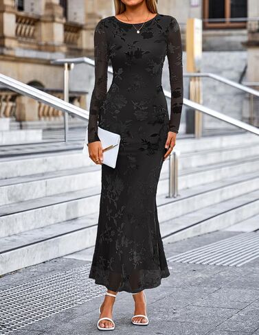 MEROKEETY Women's 2026 Spring Wedding Guest Maxi Dress Long Sleeve Bodycon Floral Mesh Fall Cocktail Formal Party Dresses in Saudi Arabia