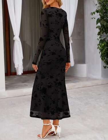 MEROKEETY Women's 2026 Spring Wedding Guest Maxi Dress Long Sleeve Bodycon Floral Mesh Fall Cocktail Formal Party Dresses in Saudi Arabia