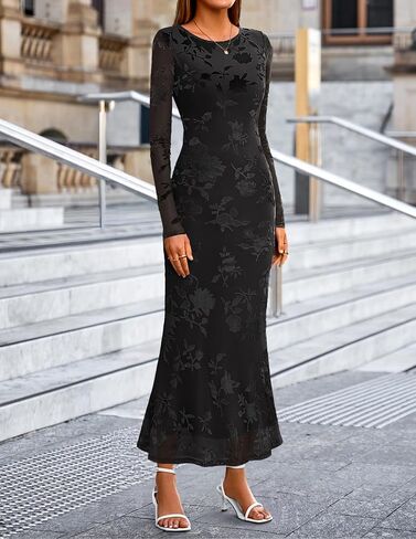 MEROKEETY Women's 2026 Spring Wedding Guest Maxi Dress Long Sleeve Bodycon Floral Mesh Fall Cocktail Formal Party Dresses in Saudi Arabia