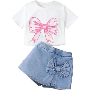 Verdusa Toddler Girl's 2 Piece Bowknot Outfits Summer Graphic Tees with Denim Skort Set in Saudi Arabia