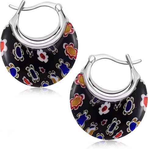 Colorful Murano Style Millefiori Glass Hoop Earrings for Women Trendy – Floral Statement Hoops, Stainless Steel Flower Jewelry, 11.6g in Saudi Arabia