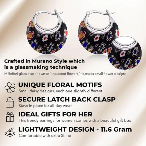 Colorful Murano Style Millefiori Glass Hoop Earrings for Women Trendy – Floral Statement Hoops, Stainless Steel Flower Jewelry, 11.6g in Saudi Arabia