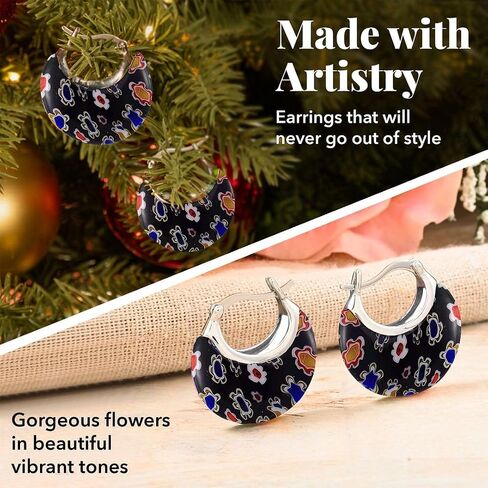 Colorful Murano Style Millefiori Glass Hoop Earrings for Women Trendy – Floral Statement Hoops, Stainless Steel Flower Jewelry, 11.6g in Saudi Arabia