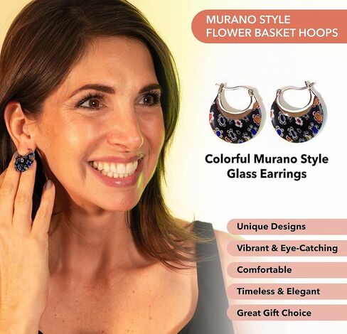 Colorful Murano Style Millefiori Glass Hoop Earrings for Women Trendy – Floral Statement Hoops, Stainless Steel Flower Jewelry, 11.6g in Saudi Arabia