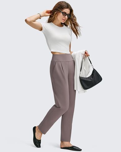 G4Free ShiftReady Ankle Women's Casual Pants with Pockets Tapered Leg Pleated High Waist Trousers for Work Casual Travel in Saudi Arabia