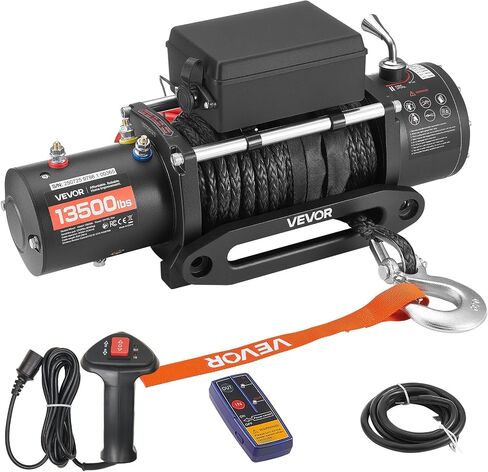 VEVOR Electric Winch, 13500 lbs Load Capacity, 12V DC Truck Winch with Φ3/8 in x 85 ft Synthetic Rope, Wireless & Wired Remote Control, IP55 Waterproof for Towing Off-Road SUV Jeep Trailer Boat in Saudi Arabia