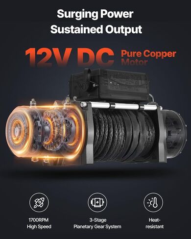 VEVOR Electric Winch, 13500 lbs Load Capacity, 12V DC Truck Winch with Φ3/8 in x 85 ft Synthetic Rope, Wireless & Wired Remote Control, IP55 Waterproof for Towing Off-Road SUV Jeep Trailer Boat in Saudi Arabia