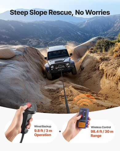 VEVOR Electric Winch, 13500 lbs Load Capacity, 12V DC Truck Winch with Φ3/8 in x 85 ft Synthetic Rope, Wireless & Wired Remote Control, IP55 Waterproof for Towing Off-Road SUV Jeep Trailer Boat in Saudi Arabia