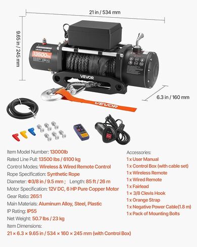 VEVOR Electric Winch, 13500 lbs Load Capacity, 12V DC Truck Winch with Φ3/8 in x 85 ft Synthetic Rope, Wireless & Wired Remote Control, IP55 Waterproof for Towing Off-Road SUV Jeep Trailer Boat in Saudi Arabia
