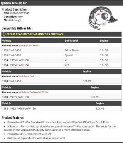Ignition Tune-Up Kit - 4-Gauge - Compatible with 1984-1992, 1994-1996 Ford F150 V8 in Saudi Arabia