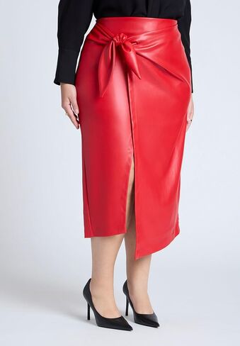 ELOQUII Women's Plus Size Wrap Front Faux Leather Midi Skirt in Saudi Arabia
