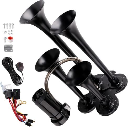 Train Horn Kit - 4 Trumpet Metal Air Horns replacement Dill horn 12V 150dB Ultra Loud with Compressor is suitable for pickup/motorhome/SUV/truck/boats and other cars(4 speakers with button) in Saudi Arabia