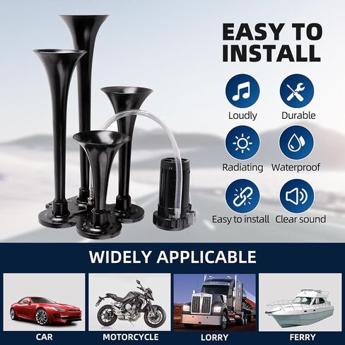 Train Horn Kit - 4 Trumpet Metal Air Horns replacement Dill horn 12V 150dB Ultra Loud with Compressor is suitable for pickup/motorhome/SUV/truck/boats and other cars(4 speakers with button) in Saudi Arabia