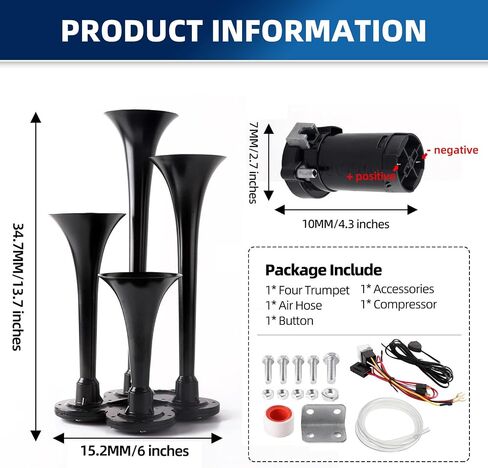 Train Horn Kit - 4 Trumpet Metal Air Horns replacement Dill horn 12V 150dB Ultra Loud with Compressor is suitable for pickup/motorhome/SUV/truck/boats and other cars(4 speakers with button) in Saudi Arabia