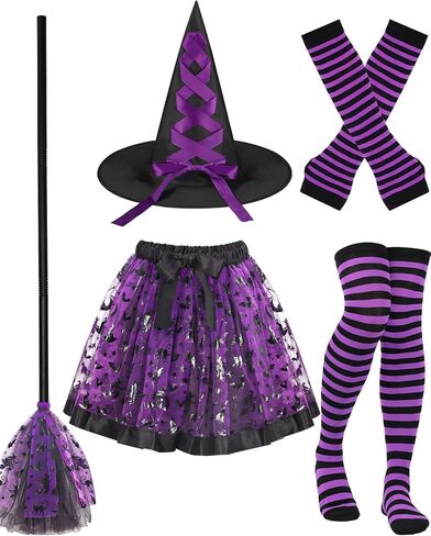 5 PCS Halloween Witch Costumes Set for Women Purple Witch Hat Broom Striped Thigh Socks Gloves Tutu Skirt Halloween Costumes for Women Girl Cosplay Party Costume Accessories in Saudi Arabia