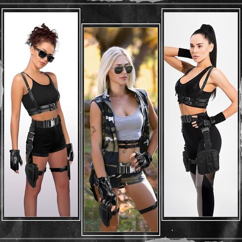 مجموعة أزياء Cosplay Halloween - حزام تسخير الخصر ، حزام حافظة الساق ، قفازات نصف أصابع من الجلد للنساء Swat Cosplay in Saudi Arabia
