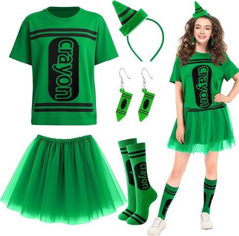 Newcotte 7 Pcs Halloween Crayon Costume Set with Crayon T Shirt Tutu Skirt Thigh High Stockings Wooden Earring in Saudi Arabia