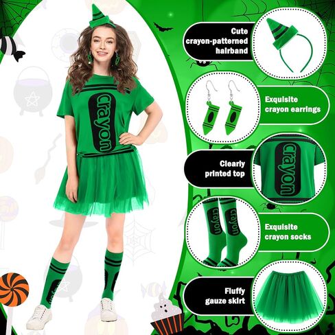 Newcotte 7 Pcs Halloween Crayon Costume Set with Crayon T Shirt Tutu Skirt Thigh High Stockings Wooden Earring in Saudi Arabia