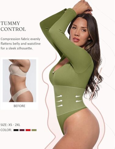 FeelinGirl Long Sleeve Shapewear Bodysuit for Women - Tummy Control Body Suits Seamless Thong Round Neck Body Shaper in Saudi Arabia