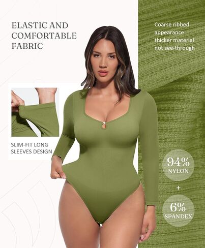 FeelinGirl Long Sleeve Shapewear Bodysuit for Women - Tummy Control Body Suits Seamless Thong Round Neck Body Shaper in Saudi Arabia