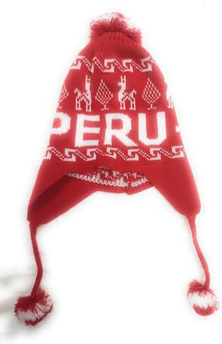 Peruvian Winter Knit Hat, Red and White, Traditional Llama Pattern, Pom Pom Earflap Design, Unisex in Saudi Arabia