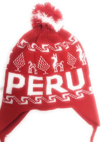 Peruvian Winter Knit Hat, Red and White, Traditional Llama Pattern, Pom Pom Earflap Design, Unisex in Saudi Arabia
