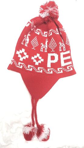 Peruvian Winter Knit Hat, Red and White, Traditional Llama Pattern, Pom Pom Earflap Design, Unisex in Saudi Arabia