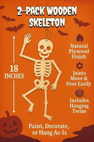 Halloween Wooden Skeleton 2 Pack 18 Inch Hanging Decorations Poseable Joints Natural Plywood Arts and Crafts DIY Craft Rustic Farmhouse Classroom Party Haunted House Decor in Saudi Arabia