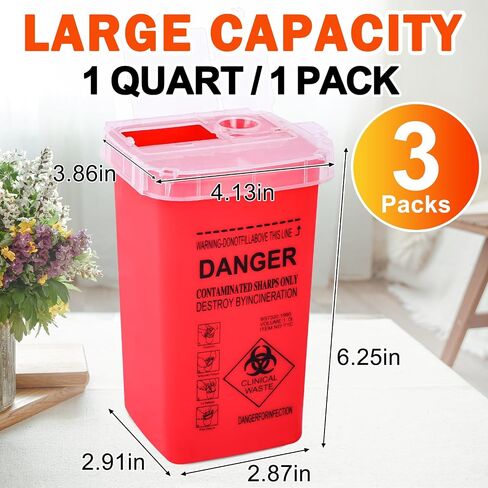 1 Quart (3-Pack) Red Sharps Containers, Biohazard Needle Disposal for Home Use, Portable Travel Sharps Storage, Professional Waste Sharps Disposal Bucket in Saudi Arabia