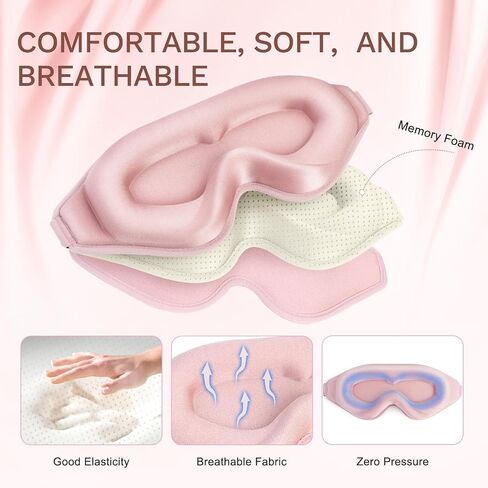 FlyCoco 99% Fully Block Out Light Eye Sleep Mask, 3D Deep Contoured Eyes Cover Zero Pressure, Long Lash Extension Eyes Mask with Adjustable Straps for Sleeping Travel Home Nap Rest Women Men (Pink) in Kuwait